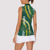 Hawaii Aloha Kakau Women Sleeveless Polo Shirt Green Puakenikeni and Maile Lei Twist