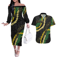 Hawaii Puakenikeni - Maile Lei Couples Matching Off The Shoulder Long Sleeve Dress and Hawaiian Shirt Obsidian Black
