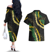 Hawaii Puakenikeni - Maile Lei Couples Matching Off The Shoulder Long Sleeve Dress and Hawaiian Shirt Obsidian Black