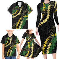 Hawaii Puakenikeni - Maile Lei Family Matching Long Sleeve Bodycon Dress and Hawaiian Shirt Obsidian Black
