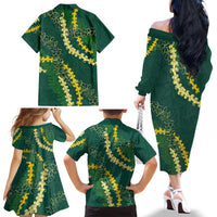 Hawaii Puakenikeni - Maile Lei Family Matching Off The Shoulder Long Sleeve Dress and Hawaiian Shirt Sage Green