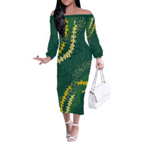 Hawaii Puakenikeni - Maile Lei Family Matching Off The Shoulder Long Sleeve Dress and Hawaiian Shirt Sage Green