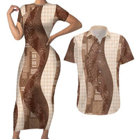 Polynesian Tribal Pattern Patchwork Picturesque Couples Matching Short Sleeve Bodycon Dress and Hawaiian Shirt Mocha LT7 Mocha - Polynesian Pride