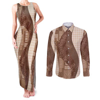 Polynesian Tribal Pattern Patchwork Picturesque Couples Matching Tank Maxi Dress and Long Sleeve Button Shirt Mocha LT7 Mocha - Polynesian Pride
