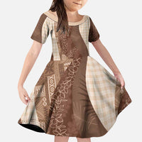 Polynesian Tribal Pattern Patchwork Picturesque Family Matching Off The Shoulder Long Sleeve Dress and Hawaiian Shirt Mocha LT7 Daughter's Dress Mocha - Polynesian Pride