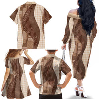Polynesian Tribal Pattern Patchwork Picturesque Family Matching Off The Shoulder Long Sleeve Dress and Hawaiian Shirt Mocha LT7 - Polynesian Pride