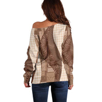 Polynesian Tribal Pattern Patchwork Picturesque Off Shoulder Sweater Mocha LT7 - Polynesian Pride