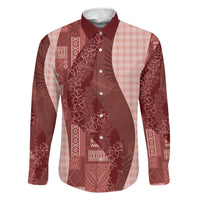 Polynesian Tribal Pattern Patchwork Picturesque Family Matching Off Shoulder Maxi Dress and Hawaiian Shirt Crimson LT7 Dad's Shirt - Long Sleeve Crimson - Polynesian Pride