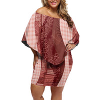 Polynesian Tribal Pattern Patchwork Picturesque Family Matching Off Shoulder Short Dress and Hawaiian Shirt Crimson LT7 Mom's Dress Crimson - Polynesian Pride