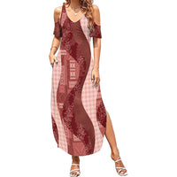 Polynesian Tribal Pattern Patchwork Picturesque Family Matching Summer Maxi Dress and Hawaiian Shirt Crimson LT7 Mom's Dress Crimson - Polynesian Pride