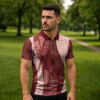 Polynesian Tribal Pattern Patchwork Picturesque Zipper Polo Shirt Crimson LT7 - Polynesian Pride