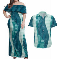 Polynesian Tribal Pattern Patchwork Picturesque Couples Matching Off Shoulder Maxi Dress and Hawaiian Shirt Oceanic LT7 Blue - Polynesian Pride