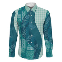 Polynesian Tribal Pattern Patchwork Picturesque Family Matching Off Shoulder Short Dress and Hawaiian Shirt Oceanic LT7 Dad's Shirt - Long Sleeve Blue - Polynesian Pride