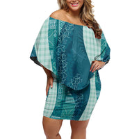 Polynesian Tribal Pattern Patchwork Picturesque Off Shoulder Short Dress Oceanic LT7 Women Blue - Polynesian Pride
