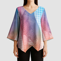 Polynesian Tribal Pattern Patchwork Picturesque Kimono Sleeve Blouse Holographic LT7 - Polynesian Pride