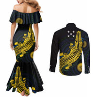 Personalized Solomon Islands Independence Anniversary Couples Matching Mermaid Dress and Long Sleeve Button Shirt Crocodile Mix Tapa