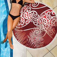 Aotearoa Maori Koru Curves Beach Blanket Silver Ferns - Crimson Red