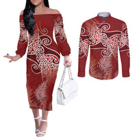 Aotearoa Maori Koru Curves Couples Matching Off The Shoulder Long Sleeve Dress and Long Sleeve Button Shirt Silver Ferns - Crimson Red LT7 Red - Polynesian Pride