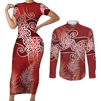 Aotearoa Maori Koru Curves Couples Matching Short Sleeve Bodycon Dress and Long Sleeve Button Shirt Silver Ferns - Crimson Red LT7 Red - Polynesian Pride