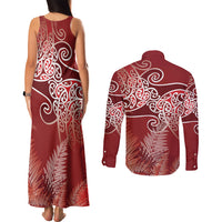 Aotearoa Maori Koru Curves Couples Matching Tank Maxi Dress and Long Sleeve Button Shirt Silver Ferns - Crimson Red LT7 - Polynesian Pride
