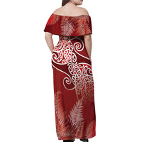 Aotearoa Maori Koru Curves Off Shoulder Maxi Dress Silver Ferns - Crimson Red