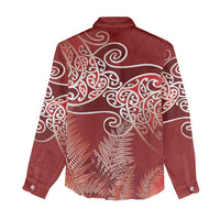 Aotearoa Maori Koru Curves Women Casual Shirt Silver Ferns - Crimson Red