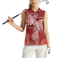 Aotearoa Maori Koru Curves Women Sleeveless Polo Shirt Silver Ferns - Crimson Red LT7 - Polynesian Pride