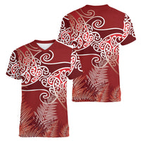 Aotearoa Maori Koru Curves Women V-Neck T-Shirt Silver Ferns - Crimson Red LT7 - Polynesian Pride