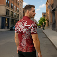 Aotearoa Maori Koru Curves Zipper Polo Shirt Silver Ferns - Crimson Red