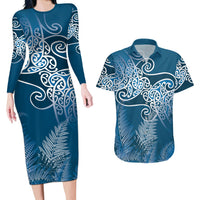 Aotearoa Maori Koru Curves Couples Matching Long Sleeve Bodycon Dress and Hawaiian Shirt Silver Ferns - Navy Blue LT7 Navy Blue - Polynesian Pride