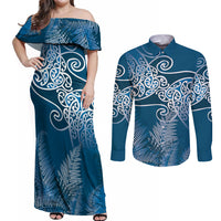 Aotearoa Maori Koru Curves Couples Matching Off Shoulder Maxi Dress and Long Sleeve Button Shirt Silver Ferns - Navy Blue LT7 Navy Blue - Polynesian Pride