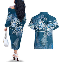 Aotearoa Maori Koru Curves Couples Matching Off The Shoulder Long Sleeve Dress and Hawaiian Shirt Silver Ferns - Navy Blue LT7 - Polynesian Pride