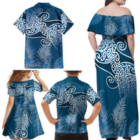 Aotearoa Maori Koru Curves Family Matching Off Shoulder Maxi Dress and Hawaiian Shirt Silver Ferns - Navy Blue LT7 - Polynesian Pride