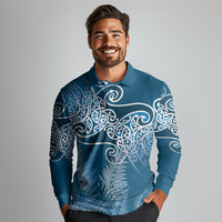 Aotearoa Maori Koru Curves Long Sleeve Polo Shirt Silver Ferns - Navy Blue