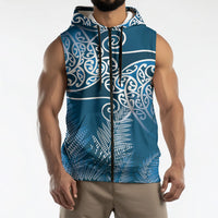 Aotearoa Maori Koru Curves Sleeveless Zip Hoodie Silver Ferns - Navy Blue