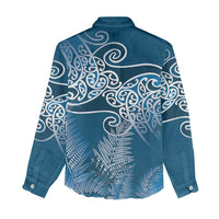 Aotearoa Maori Koru Curves Women Casual Shirt Silver Ferns - Navy Blue