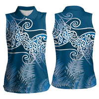 Aotearoa Maori Koru Curves Women Sleeveless Polo Shirt Silver Ferns - Navy Blue LT7 - Polynesian Pride