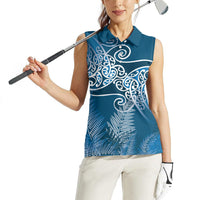 Aotearoa Maori Koru Curves Women Sleeveless Polo Shirt Silver Ferns - Navy Blue LT7 - Polynesian Pride