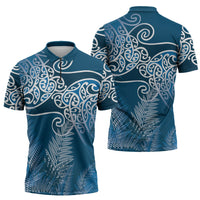 Aotearoa Maori Koru Curves Zipper Polo Shirt Silver Ferns - Navy Blue
