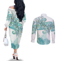 Aotearoa Maori Koru Curves Couples Matching Off The Shoulder Long Sleeve Dress and Long Sleeve Button Shirt Mossy Paua Shell LT7 - Polynesian Pride
