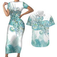 Aotearoa Maori Koru Curves Couples Matching Short Sleeve Bodycon Dress and Hawaiian Shirt Mossy Paua Shell LT7 Green - Polynesian Pride