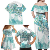 Aotearoa Maori Koru Curves Family Matching Off Shoulder Maxi Dress and Hawaiian Shirt Mossy Paua Shell LT7 - Polynesian Pride
