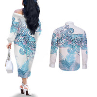 Aotearoa Maori Koru Curves Couples Matching Off The Shoulder Long Sleeve Dress and Long Sleeve Button Shirt Aqua Paua Shell LT7 - Polynesian Pride