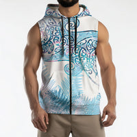 Aotearoa Maori Koru Curves Sleeveless Zip Hoodie Aqua Paua Shell
