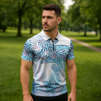 Aotearoa Maori Koru Curves Zipper Polo Shirt Aqua Paua Shell