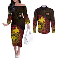 Papua New Guinea Independence Personalized Couples Matching Off The Shoulder Long Sleeve Dress and Long Sleeve Button Shirt Tapa Circle LT7 Black - Polynesian Pride