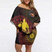 Papua New Guinea Independence Personalized Off Shoulder Short Dress Tapa Circle LT7 Women Black - Polynesian Pride