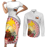 Hapi De Bilong Indipendens Papua New Guinea Couples Matching Short Sleeve Bodycon Dress and Long Sleeve Button Shirt PNG Lime Pot LT7 White - Polynesian Pride
