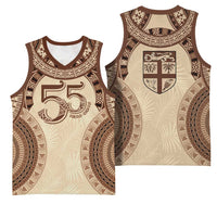 Bula Fiji Day 55th Anniversary Masi Tapa Basketball Jersey Emerald Jubilee - Beige - Polynesian Pride