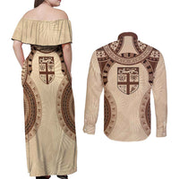 Bula Fiji Day 55th Anniversary Masi Tapa Couples Matching Off Shoulder Maxi Dress and Long Sleeve Button Shirt Emerald Jubilee - Beige - Polynesian Pride